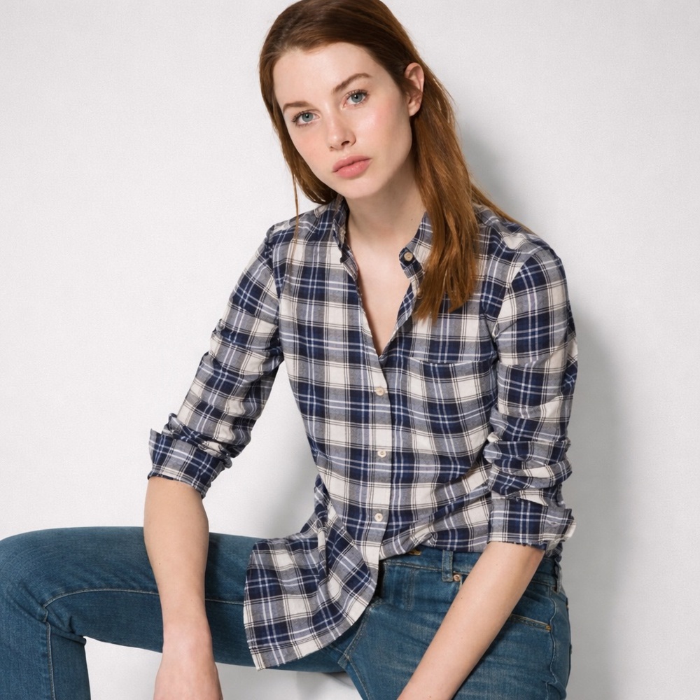 Massimo Dutti Navy & White Plaid Button-Down Cotton Shirt | Size 2